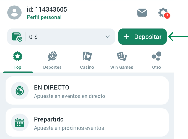 Para realizar un depósito Betwinner APP Colombia